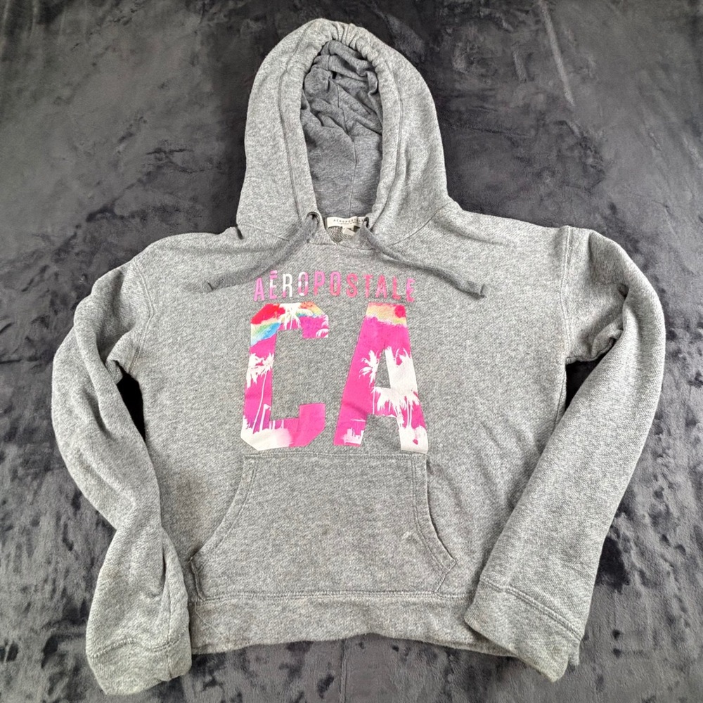 Aeropostale Hoodie Women M Gray CA Palm Tree Graphic Pullover Sweatshirt